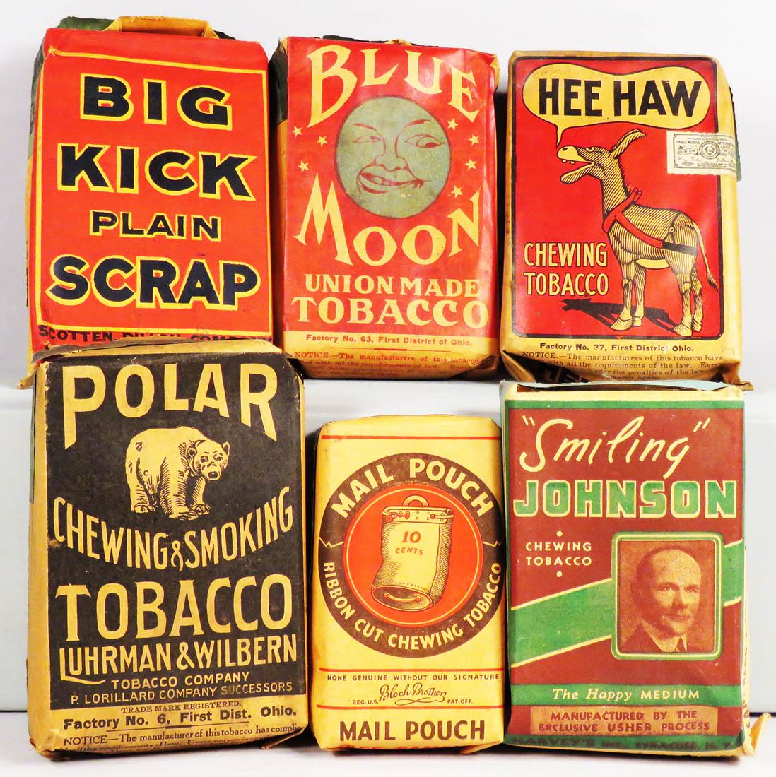 Six Vintage Tobacco Packs: Six Vintage Tobacco Packs. Mail Pouch, Big Kick, Polar, Blue Moon, Smiling Johnson and Hee Haw. Various conditions.