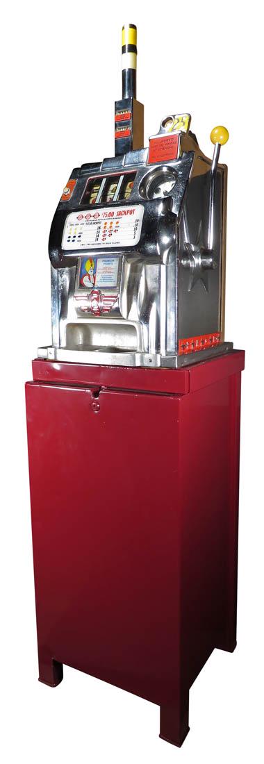 Pace Mfg. Co. 25 Cent Aladdin Electric Slot Machine: Pace Mfg. Co. 25 Cent Aladdin Electric Slot Machine and metal stand. Working condition, comes with key.