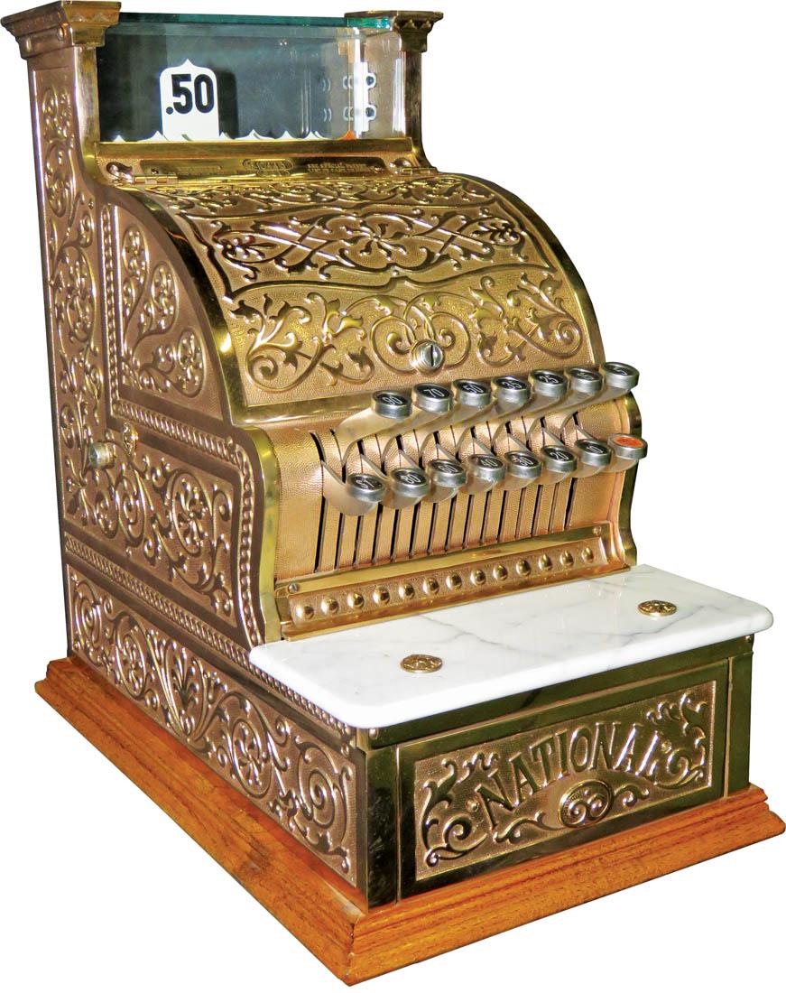 Restored National Cast Register Model 311: National Cast Register. Restored Model 311 with marble shelf. Serial # 610445. Brass with scroll case. Working condition, no top sign.