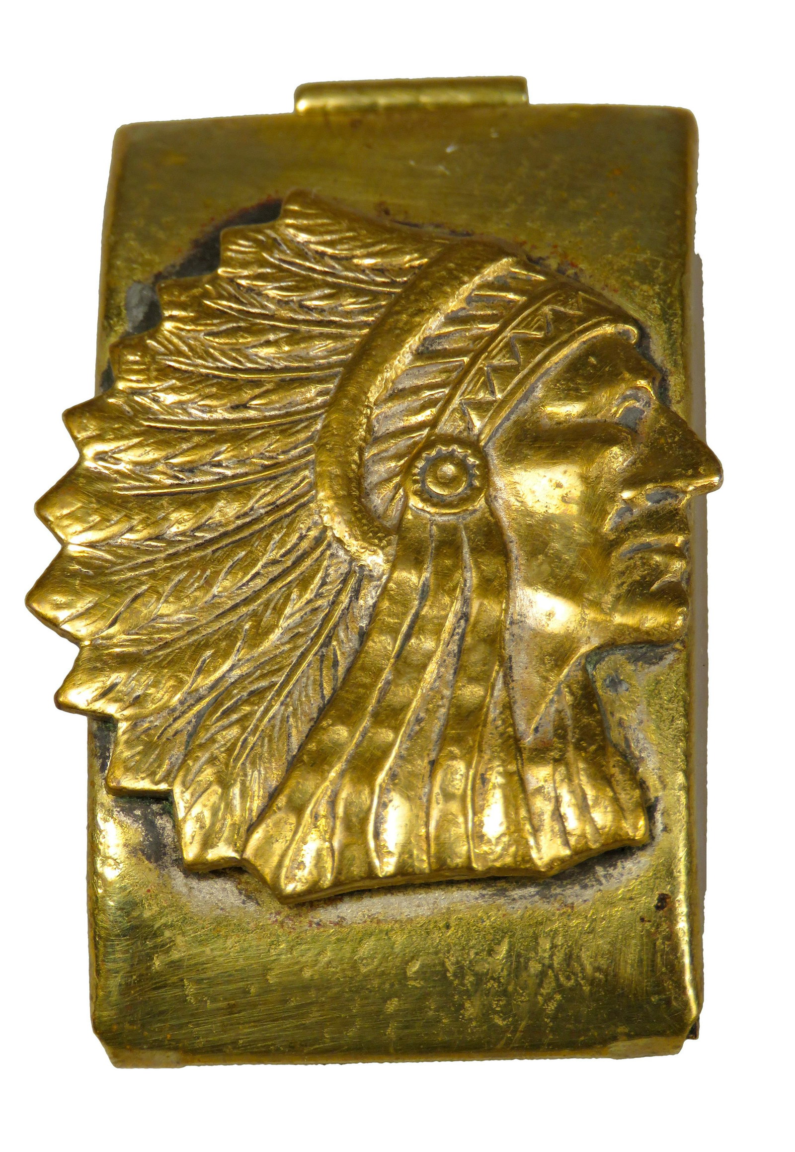 Antique Brass Money Clip and Coin Holder: Antique Brass Money Clip and Coin Holder with Native American Image badge on front, comes with Indian head penny. 1 5/8 inches tall.