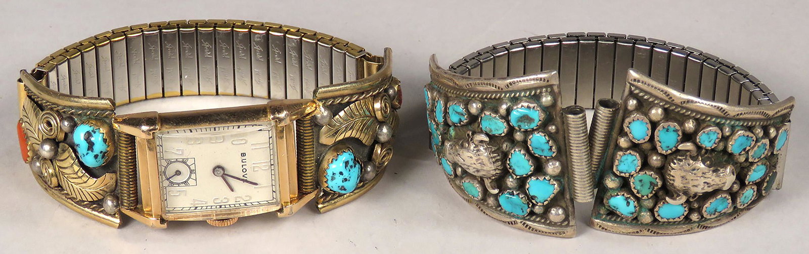 Two Native American Turquois Watch Bands: Two Native American Turquois Watch Bands. Buffalo heads with turquois and Turquois and coral with leaf motif, stamped Sterling. Bulova watch (non-working).