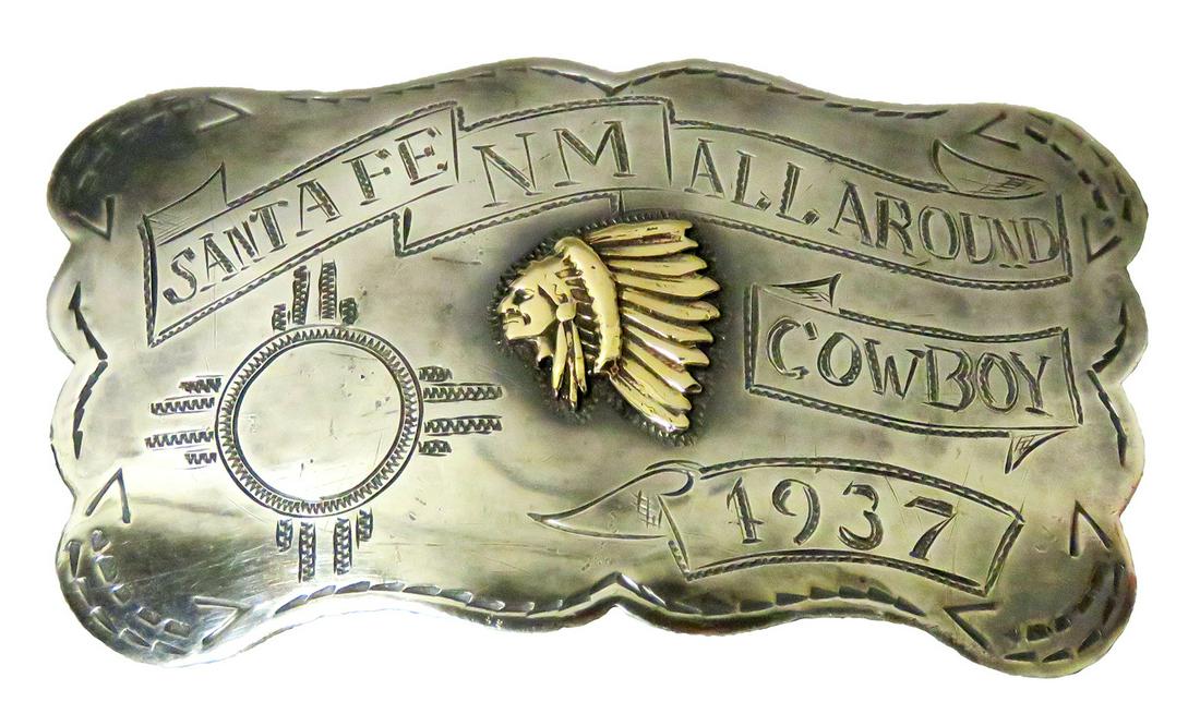 1937 Presentation Belt Buckle from Santé Fe , NM: 1937 Sterling Silver, Presentation, Belt Buckle from Santé Fe , NM for "All Around Cowboy". Etched with applied gold Indian Chief cameo in center. 3 1/2 X 2 1/4 inches.
