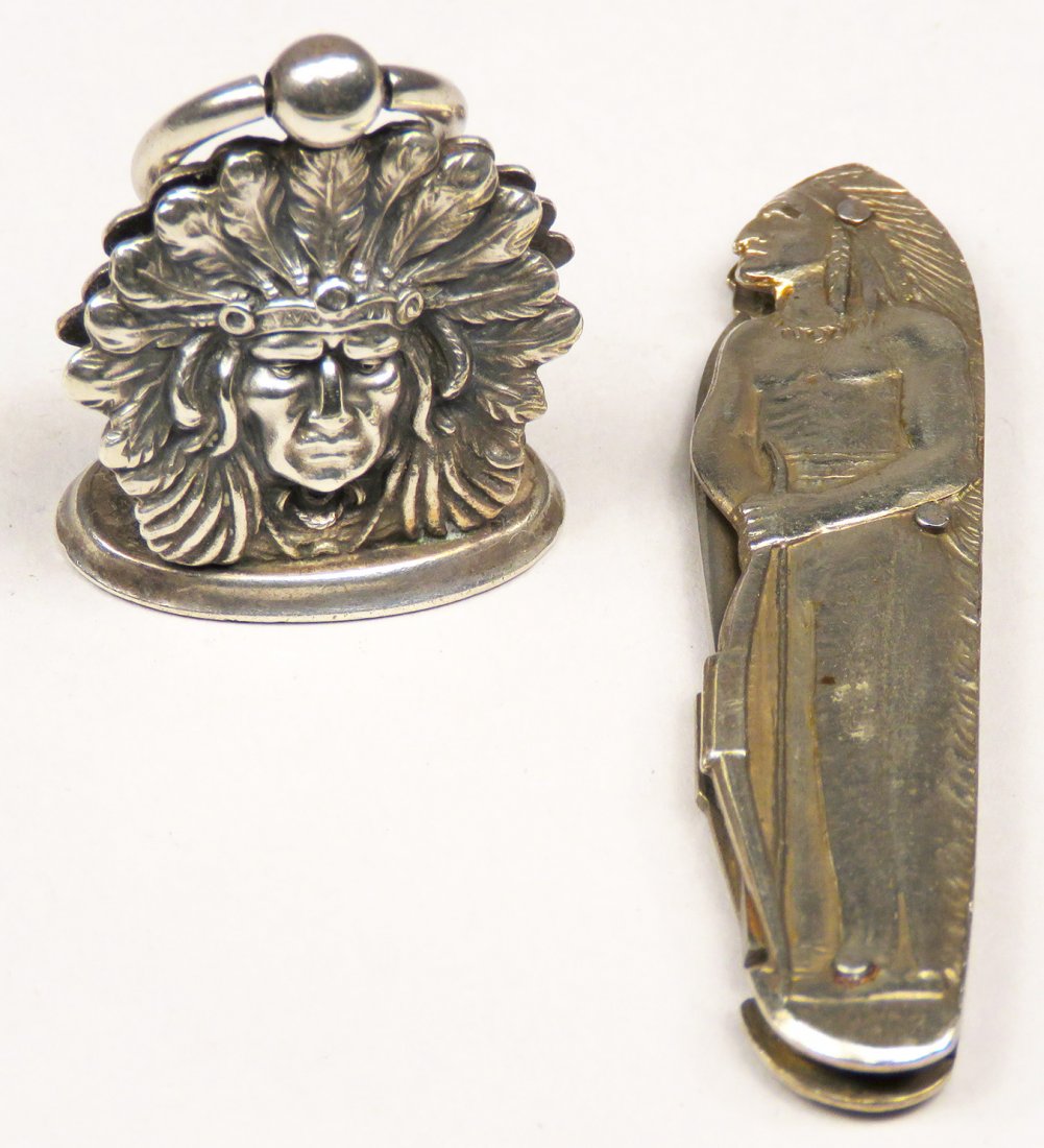 Two Vintage Native American Motif Items: Two Vintage, Native American Motif Items. Monogram sealing wax stamp and pocket knife. Pocket knife measures 2 1/2 inches tall.