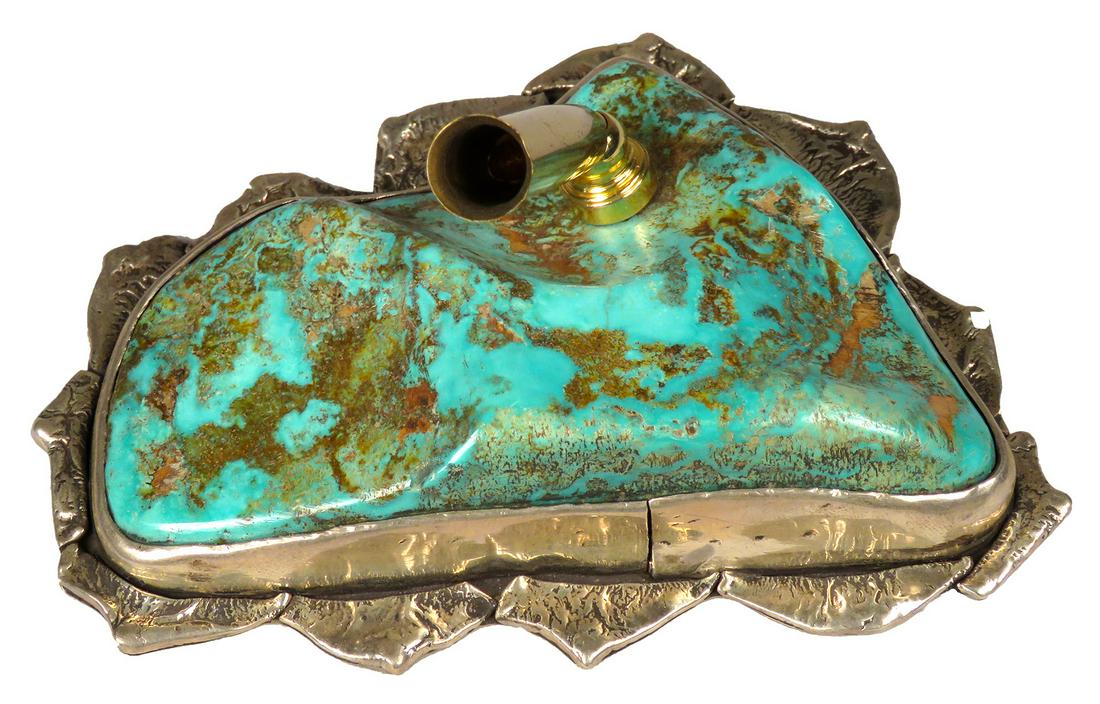 Beautiful Vintage Turquois and Sterling Pen Holder: Beautiful Vintage Kingman Turquois and Sterling Pen Holder. Stamped Sterling. 5 X 4 inches.