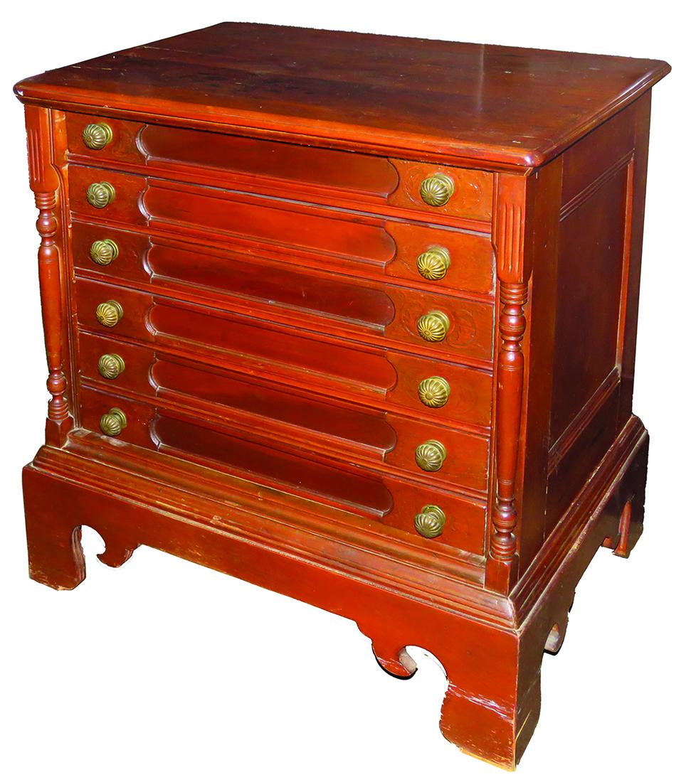 J. P. Coats 6 Drawer Spool Cabinet: J. P. Coats, 6 Drawer Spool Cabinet. Mahogany with composite advertising on back panel and original hardware. Staining on top otherwise very good original condition. 26 X 28 1/2 X 19 inches.