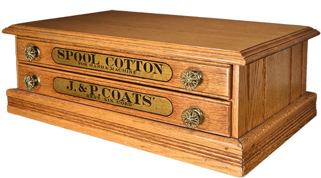 J.P. Coats Two Drawer Oak Spool Cotton Cabinet: J.P. Coats, Two Drawer Oak Spool Cotton Cabinet. Original hardware, excellent condition. 21 X 7 1/2 X 15 1/4 inches.