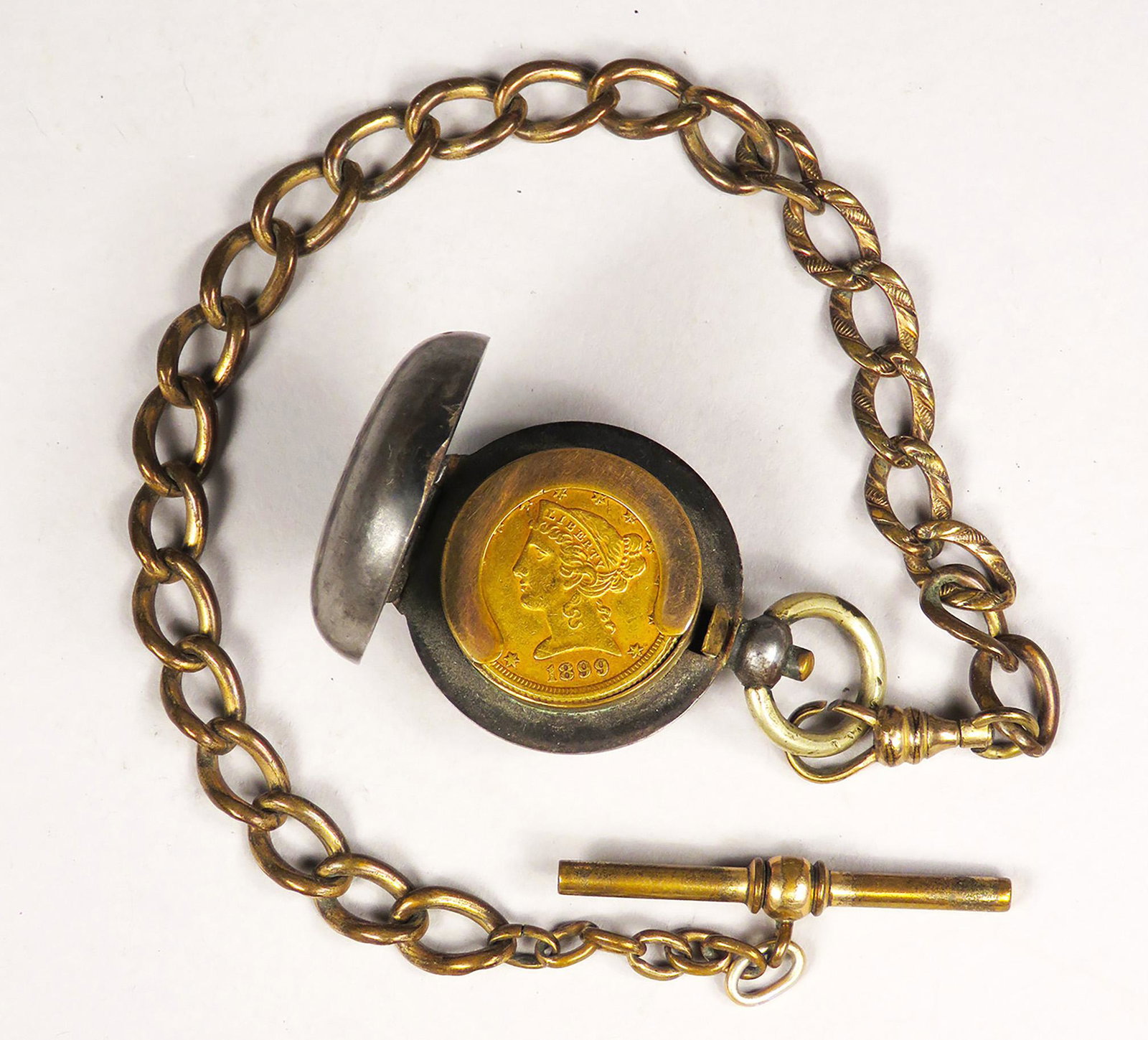 Antique Coin Keeper Locket Watch Fob and Chain: Antique, Coin Keeper Locket, Watch Fob and Chain. Comes with 1899 U.S. Gold Coin. Chain 10 inches long, coin case measures 1 1/4 inch diameter.