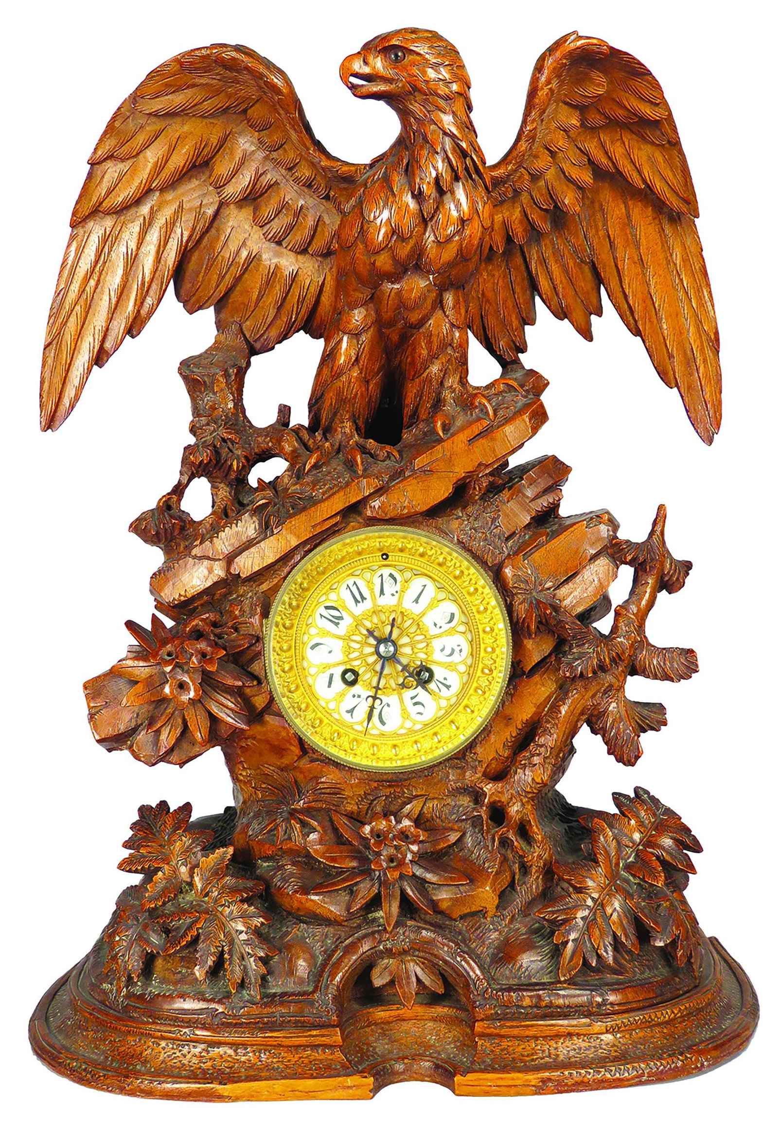Antique Black Forest Carved Eagle Mantle Clock: Antique, Black Forest Carved Eagle Mantle Clock. Beautiful porcelain and gilded clock mechanism. Minor damage to trim at base front, have been smoothed with time. 14 X 19 1/2 X 6 1/2 inches.