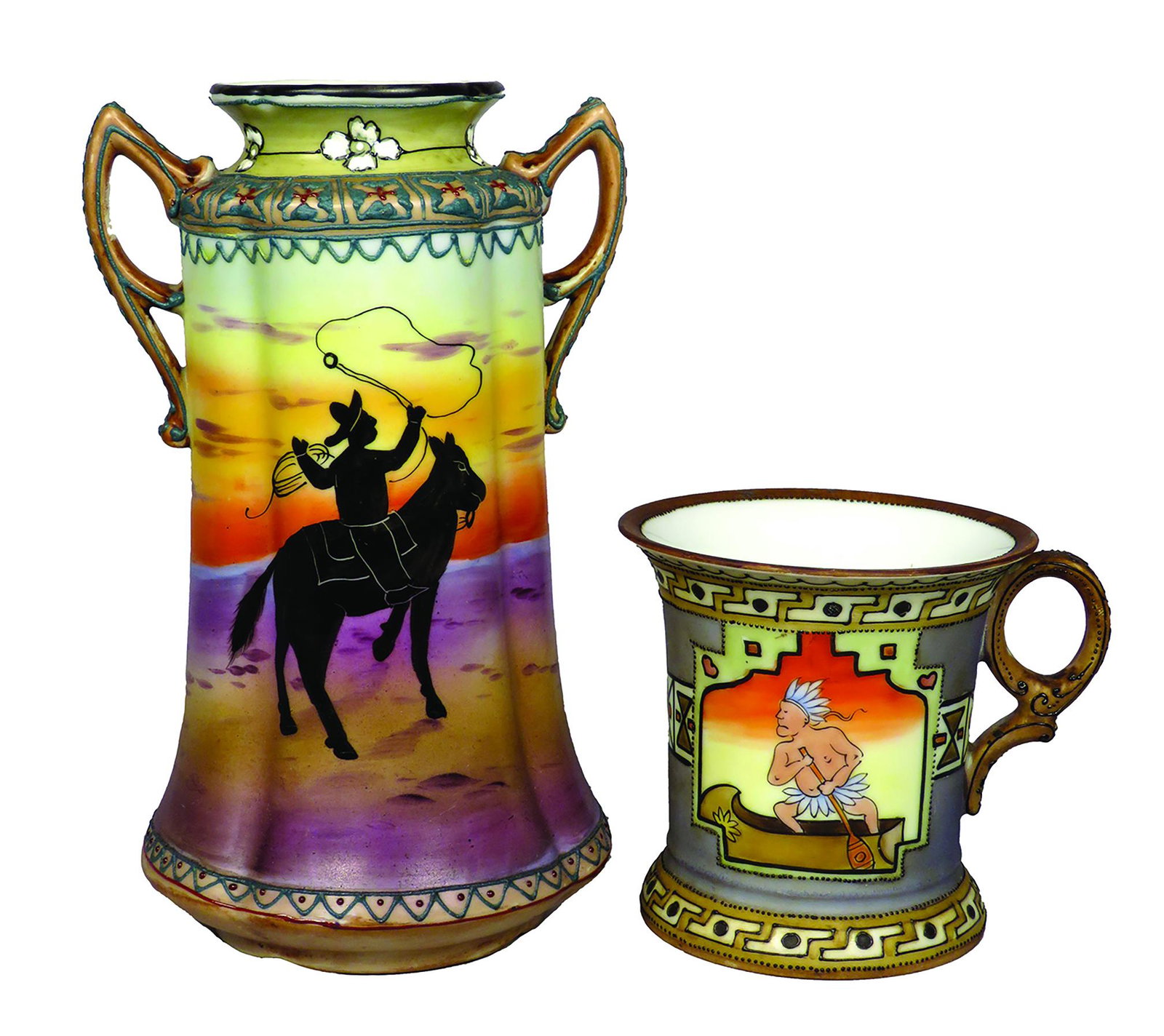 Two Imperial Nippon Hand Painted Porcelain Items: Two Imperial Nippon Hand Painted Porcelain Items. Vase depicting Caballero with lasso and mug with Native in canoe. No chips or cracks. 7 3/4 X 3 3/4 inches tall.