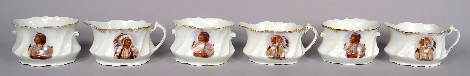 Collection of German Native American Motif Items: Collection of German Native American Motif Creamer and Sugar Bowls. Erdmann Schlegelmilch-Germany, marks used after 1891. Left Hand Bear, Spotted Ho., and High Hawk. No chips or cracks. Approx. 4 X 2