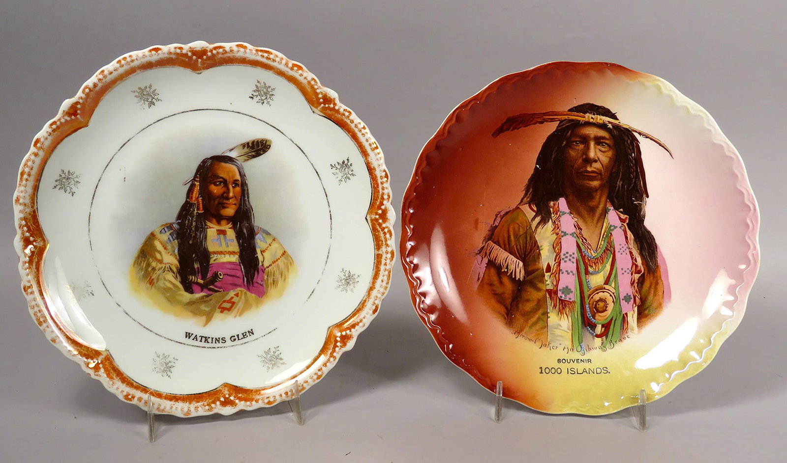 Native American Motif Souvenir Plates: Native American Motif, Souvenir Plates. Scalloped edge, Watkins Glen marked Arzberg, Germany. 1000 Islands depicting Arrow Maker, an Ojibway Brave, marked D.E. McNicol, East Liverpool, O. No chips or 