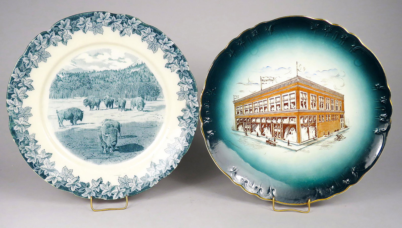 Two Buffalo Plates: Two Buffalo Plates. "The Buffaloes" Frank Beardmore & Co. Fenton, very tiny edge chip at 2:00, 9 1/4 inch diameter. Buffalo Pottery Plate depicting Joseph Ruwitch & Sons Factory in Norway, Mich. No ch