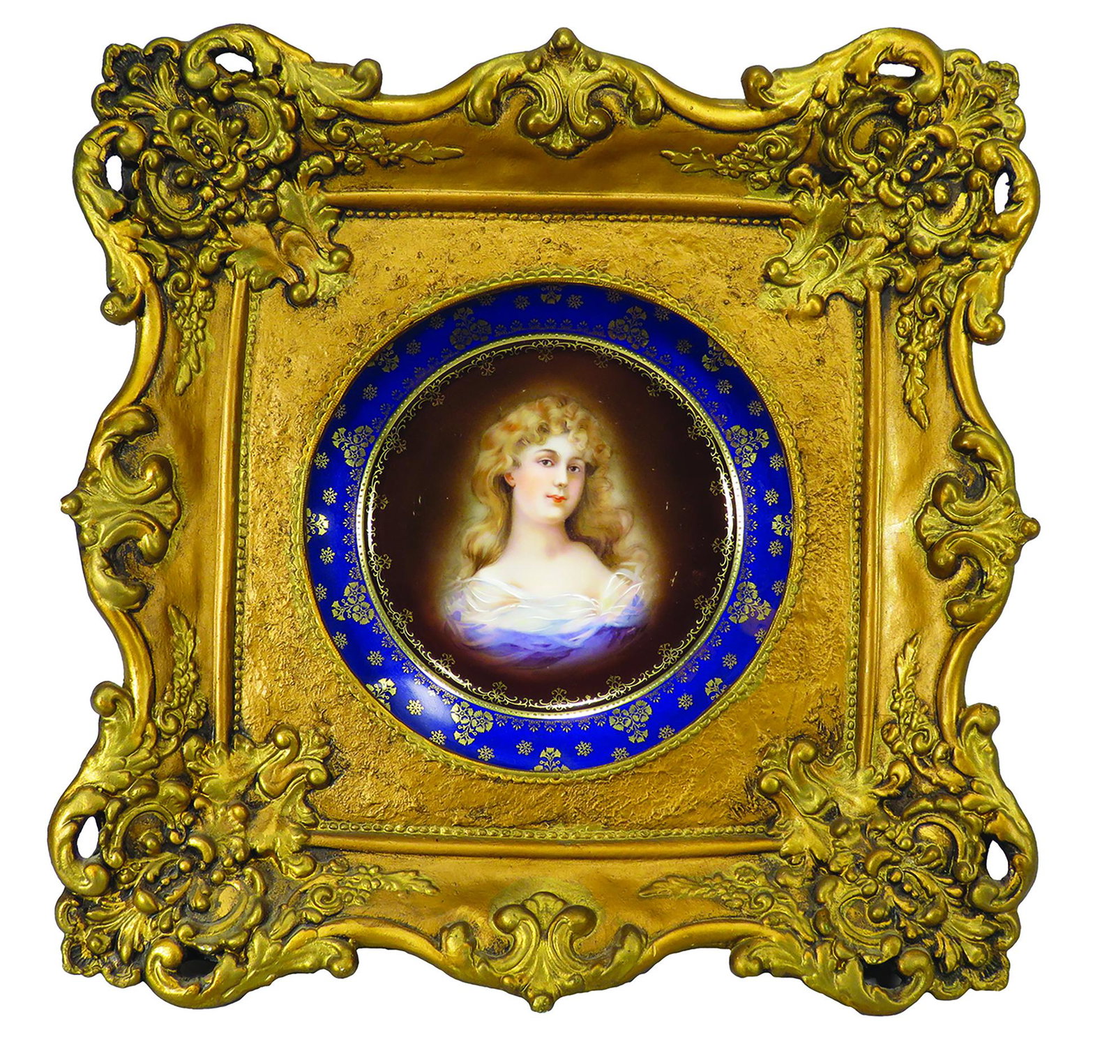 Z & S Co. Mignon Bavaria Porcelain Plate in Frame: Z & S Co. Mignon Bavaria Porcelain Plate framed in period gesso. Image of blonde woman with cobalt and gold trim. Frame measures 16 inches square.