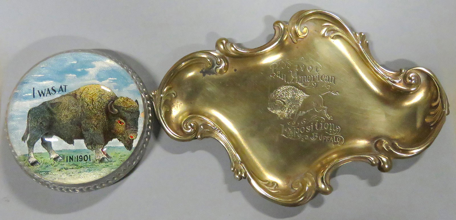 1901 Pan America Exposition Souvenir Items: 1901 Pan America Exposition, Souvenir Items including Engraved Tray and Paperweight. Tray 6 1/4 X 4 inches. Paperweight 3 inch diameter.
