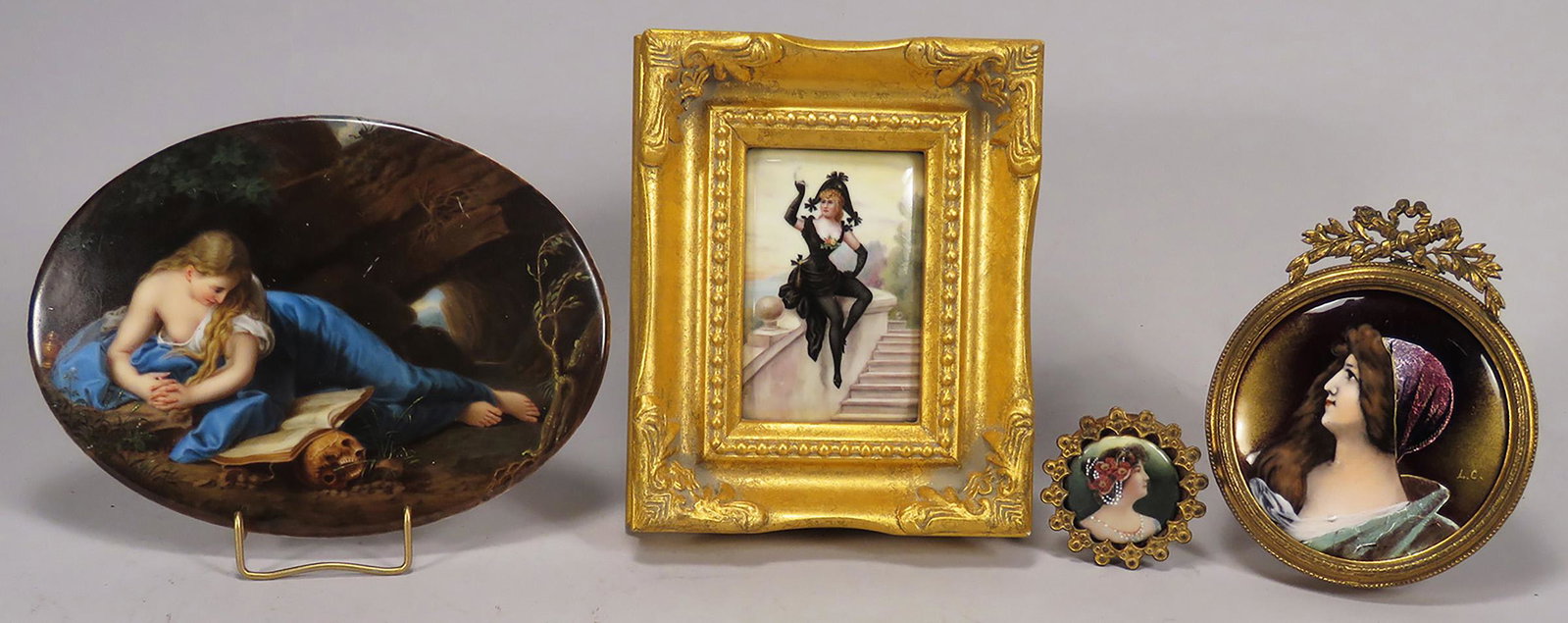 Antique Enameled Porcelain Hand Painted Items: Antique Enameled Porcelain Hand Painted Items. Oval semi-nude woman, 6 X 4 1/2 inches. Miniature easel back cameo, 1 3/4 inch diameter. Signed French, signed bohemian woman, 3 3/8 X 4 1/8 inches. Fram