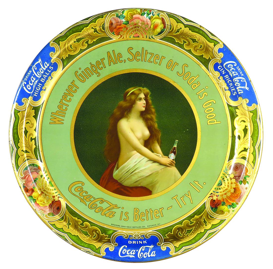 Rare, 1908 Coca Cola Topless Tin Serving Tray: Rare, 1908 Coca Cola Topless, Tin Serving Tray. Western Coca-Cola Bottling Co., Chicago, Ill. Excellent condition. 12 inch diameter.