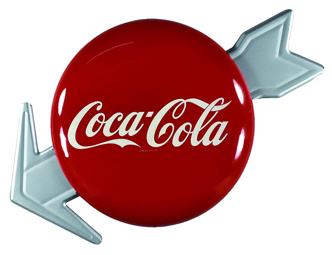 1950's Coca Cola Button and Arrow Tin Sign: 1950's Coca Cola, Button and Arrow Tin Sign. Minor scratch at 4:00 otherwise excellent condition. 20 X 12 inches.