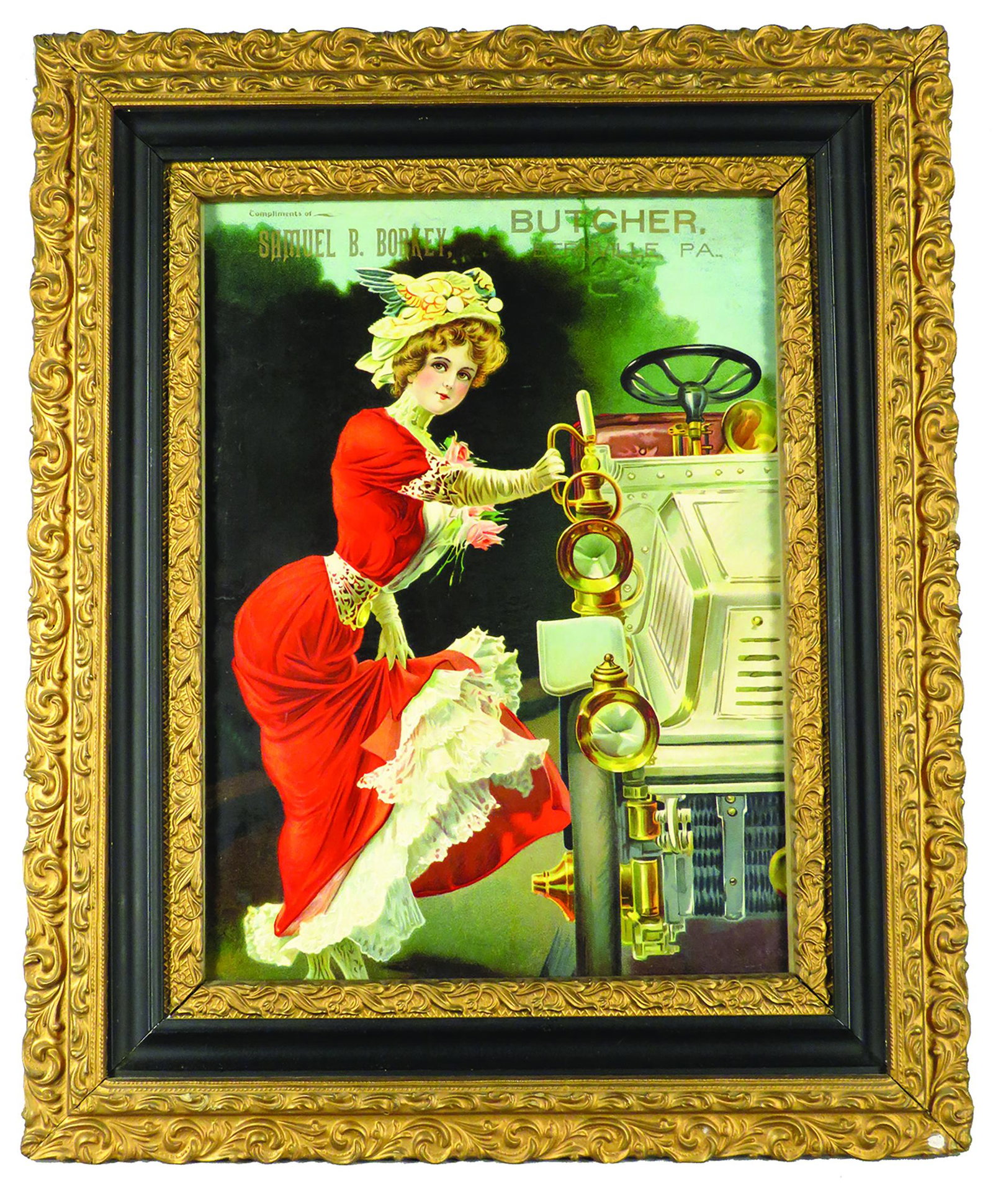 Compliments Samuel B. Borkey Butcher Sign: Compliments Samuel B. Borkey Butcher, Advertising Sign, Bernville, PA. Depicting beautiful woman in red dress stepping up into a car. Minor restoration at top border otherwise very good condition. Fra