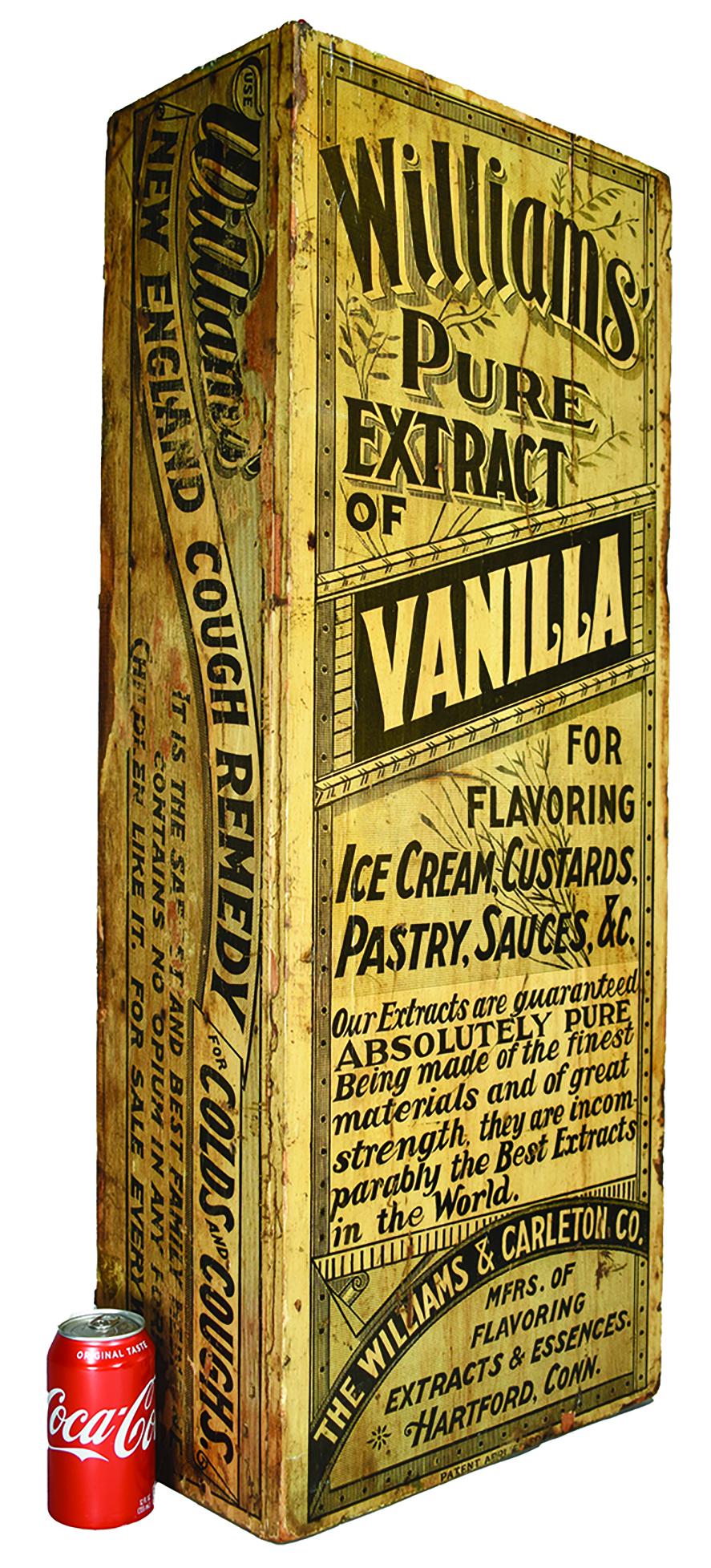 The Williams & Carleton Wood Store Display Cabinet: The Williams & Carleton, Wood, Store Display Cabinet. 3 sides paper lithograph advertising. Display for products including Vanilla and Root beer Extract and England Cough Remedy. Good original conditi