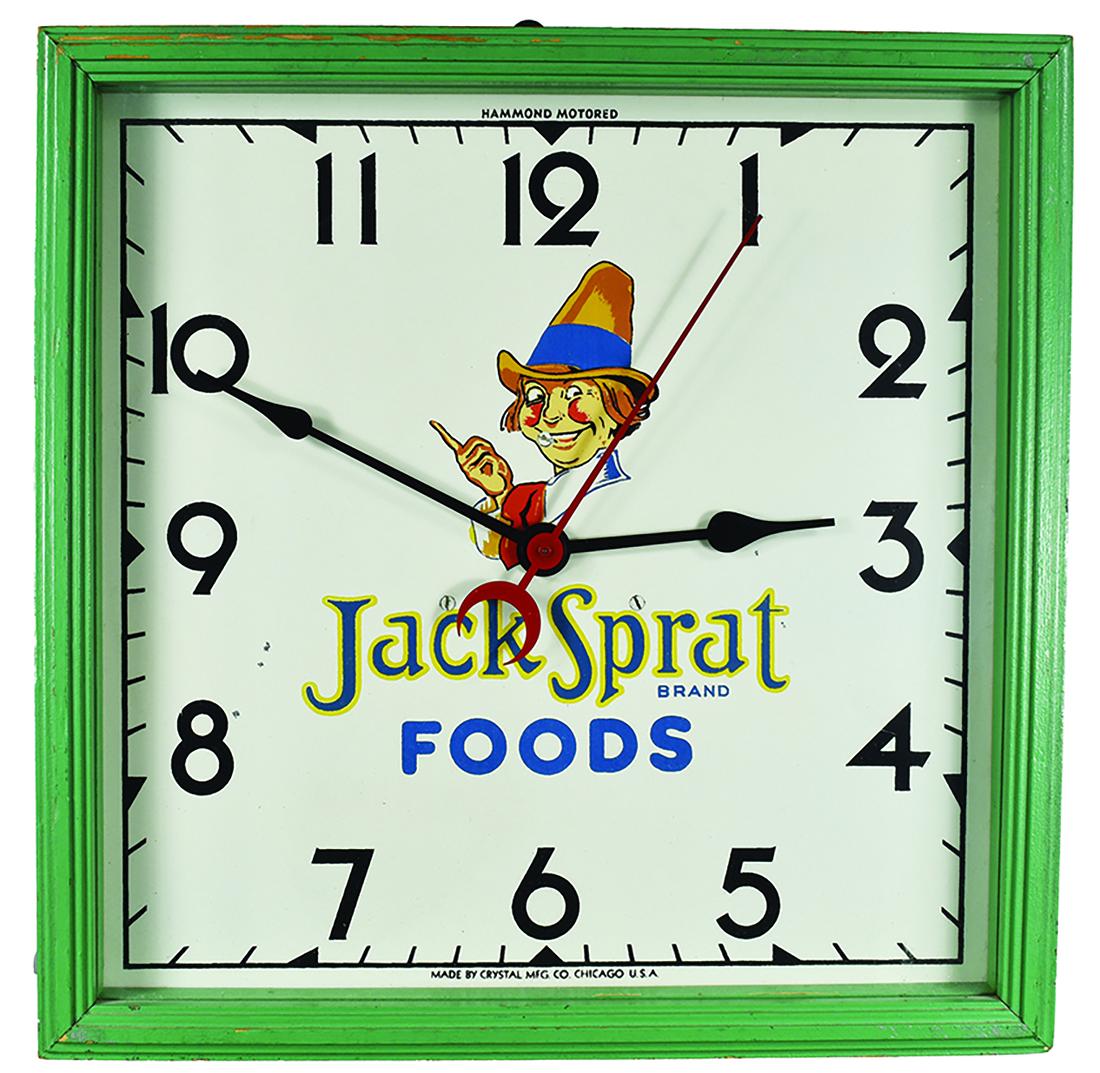 Jack Sprat Foods Advertising Clock: Jack Sprat Foods, Advertising Clock. Made by Crystal Mfg. Co. Chicago. Complete but not working. 15 1/2 inches square.