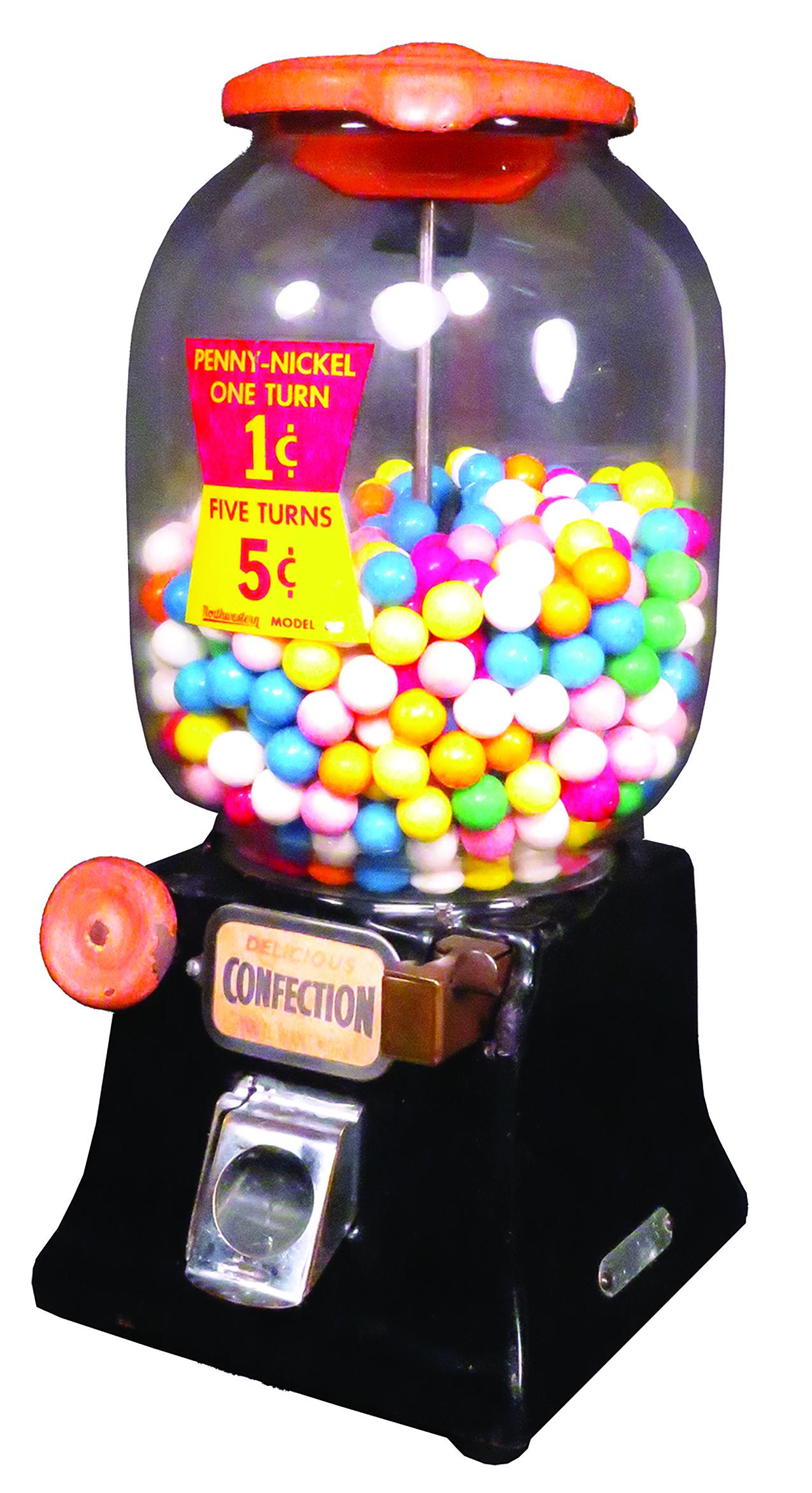 Northwestern 1 or 5 Cent Gumball Machine: Northwestern 1 or 5 Cent, Coin Operated, Gumball Machine. Orange and black with porcelain base. All original working condition, comes with barrel lock and key.