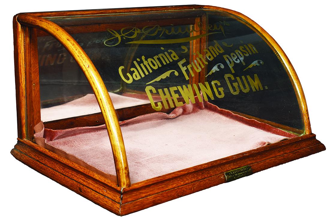 J.P. Primley's Gum Curved Glass Store Display Case: J.P. Primley's Gum, Curved Glass, Store Display Case. California Fruit and Pepsin, etched curved glass and oak. J. Riswig Showcase Co. Chicago. 18 1/2 X 9 1/2 X 12 inches.