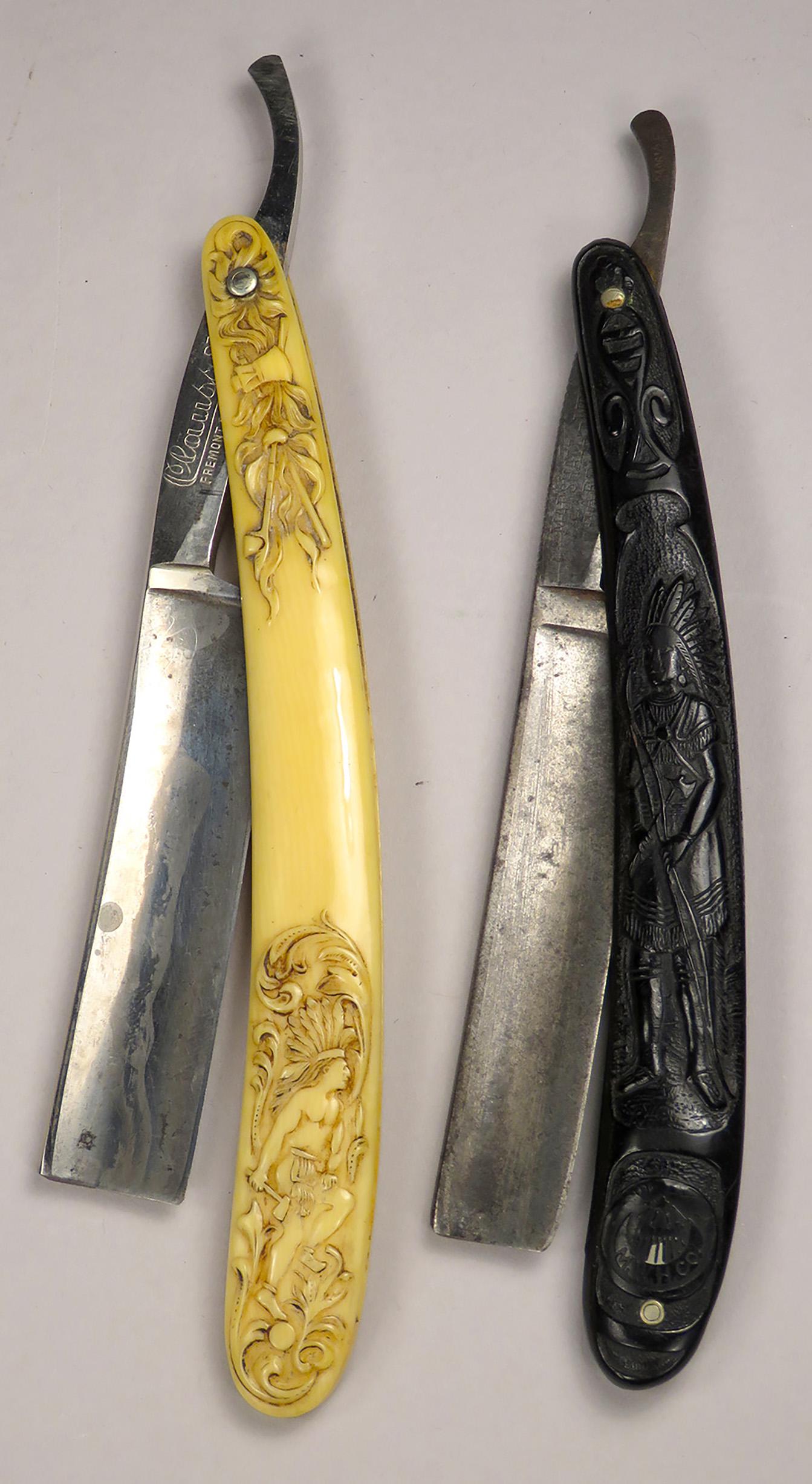 Two Antique Molded Celluloid Straight Razors: Two Antique Molded Celluloid Straight Razors with Native American Motif. Bone colored handle made in US by Clauss. Ebony handled made in Germany by Zenith for Marshall and Wells Hardware.