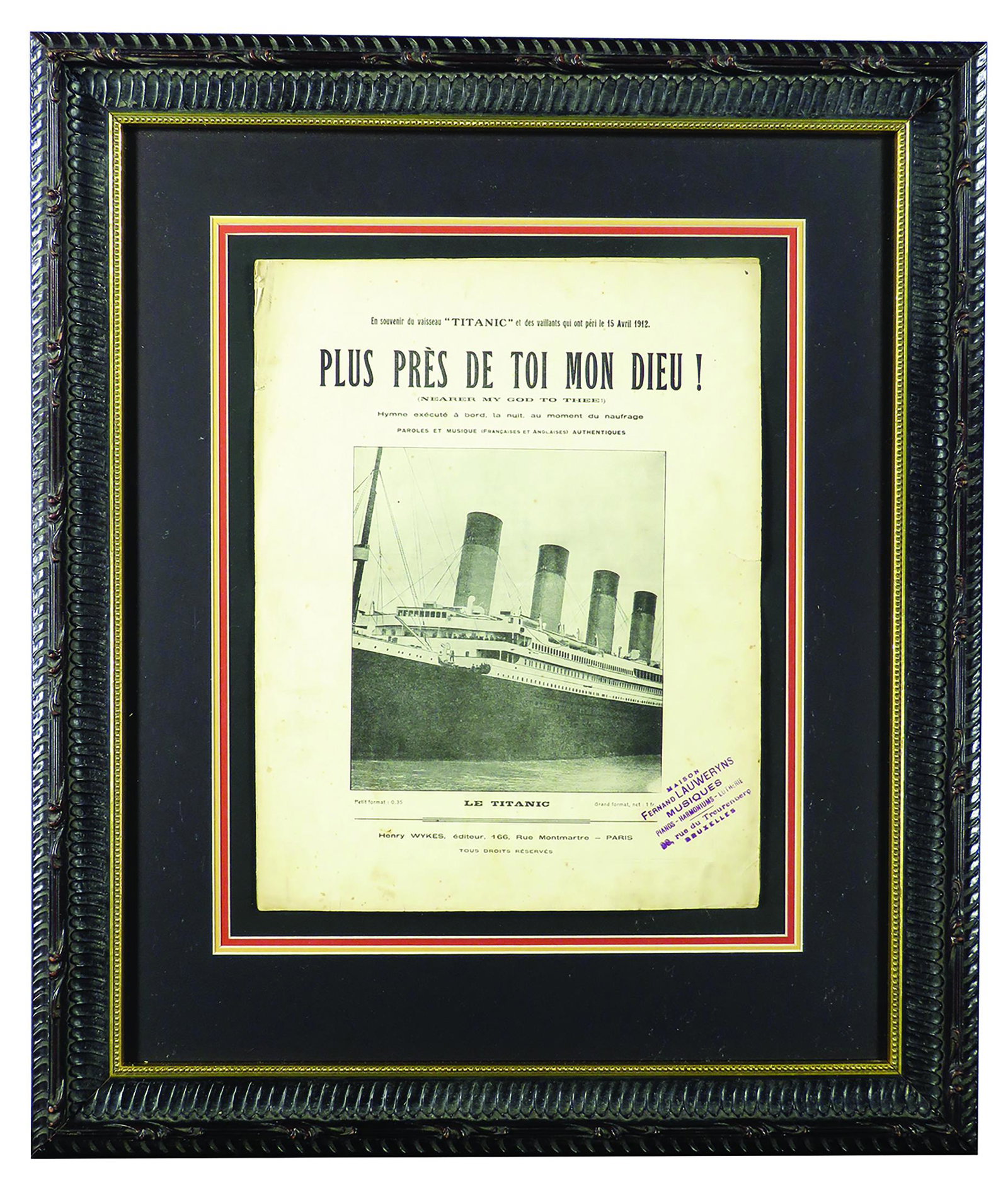 French Sheet Music Souvenir in Memory of the Titanic: French Sheet Music Souvenir in Memory of the Titanic. Translated, "In Memory of the Titanic Ship and the valiant ones who perished" the hymn performed on board the night at the time of the sinking. Fe