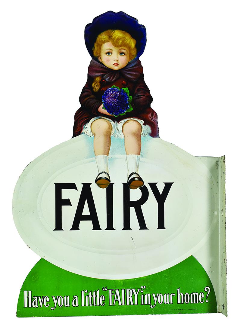 Fairy Soap Die Cut Tin Two Sided Flange Sign: Rare, Fairy Soap Die Cut Tin, Two Sided, Flange Sign. This is a spectacular sign. One we have never seen before. Some very minor restoration on face only on one side otherwise excellent condition. 12 