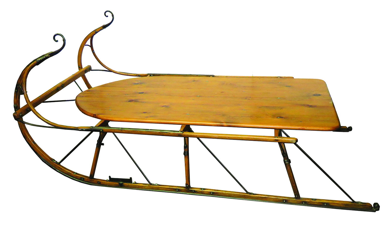 Large, Antique Wood Sled with Steel Runners: Large, Antique Sled. Forged iron runners. Would make a beautiful décor piece. 74 1/2 X 36 X 33 inches overall.