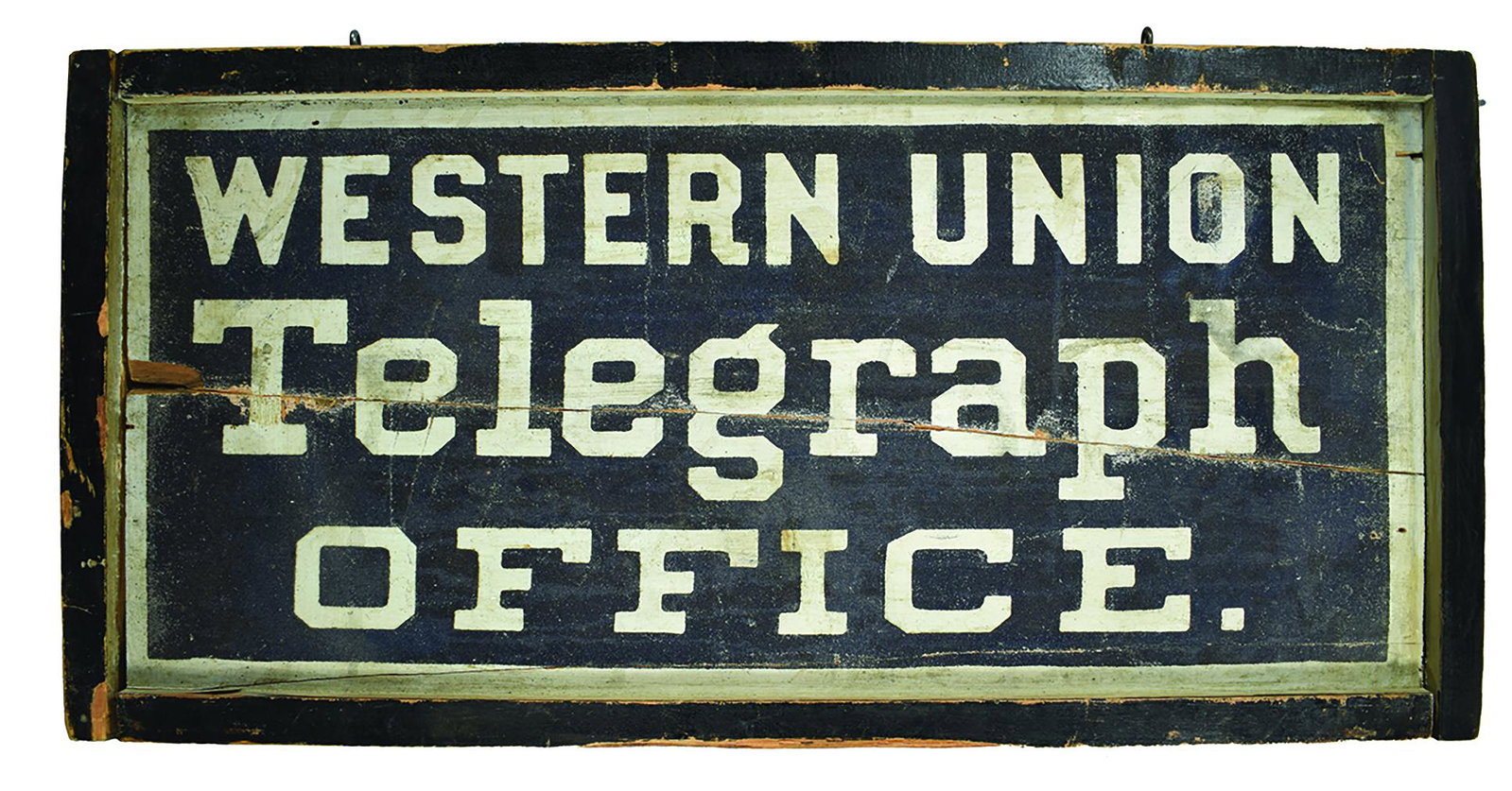 Western Union Telegraph Office Outdoor Wood Sign: Western Union Telegraph Office, Outdoor, Wood Sign, two sided. Crack through center otherwise good condition. 30 1/2 X 15 1/2 inches.