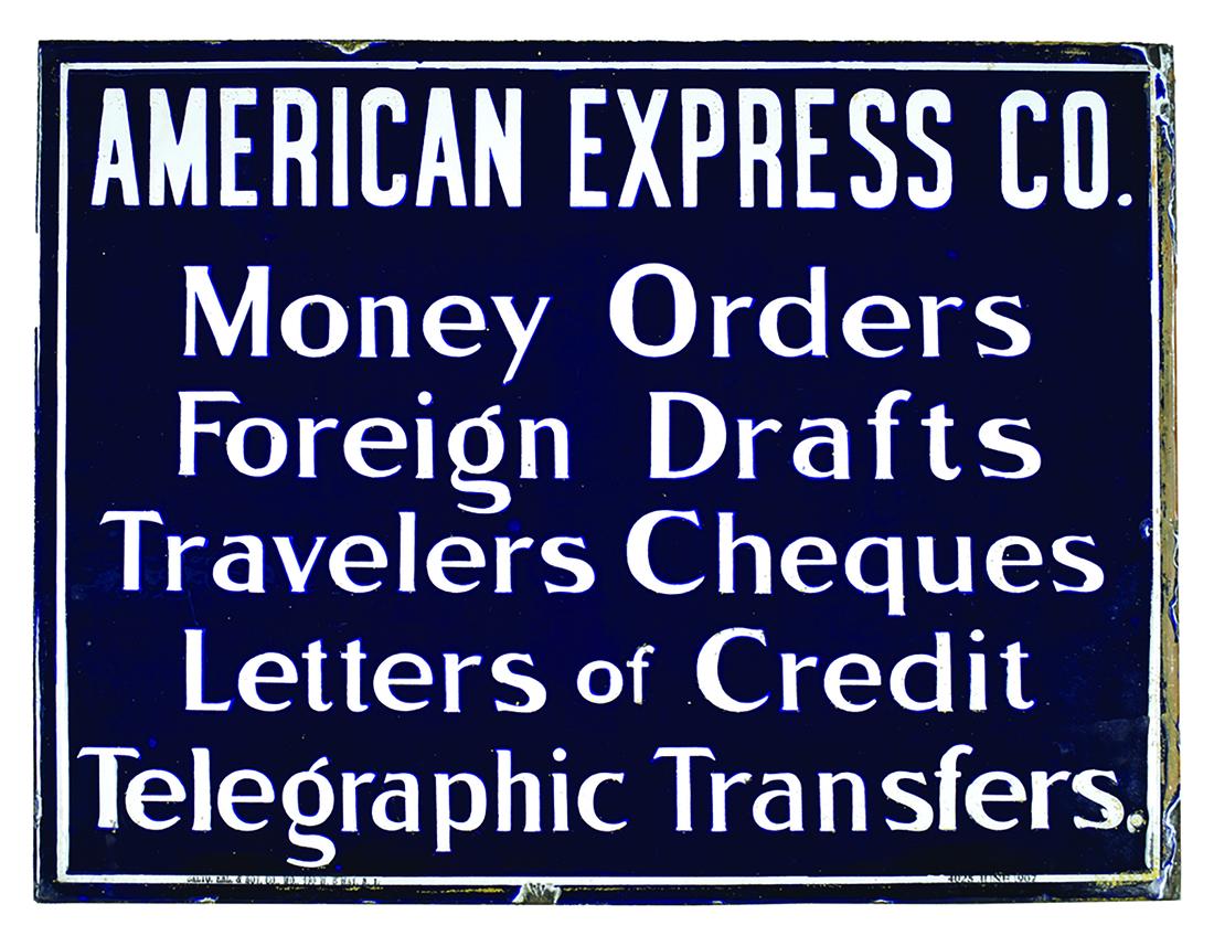 American Express Money Orders Porcelain Sign: American Express Money Orders, Porcelain Advertising Flange Sign. Two sided, two color, blue/white. Chips and wear around edges otherwise very good condition. 17 X 13 inches.