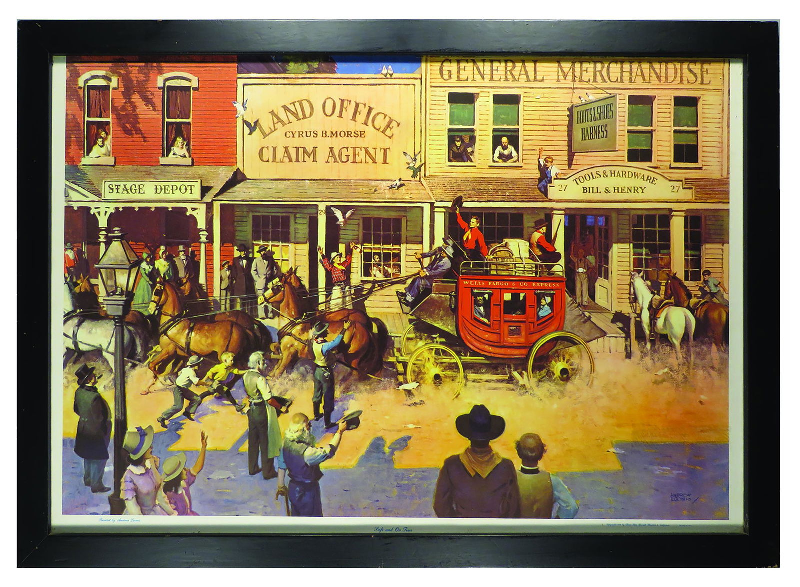 1956 Wells Fargo Stagecoach Print, Andrew Loomis: 1956, Wells Fargo Stagecoach Print by Andrew Loomis. Entitled, "Safe and On Time". Depicting old west town out to greet the arriving coach at the stage depot. Framed under glass. 41 X 28 inches overal