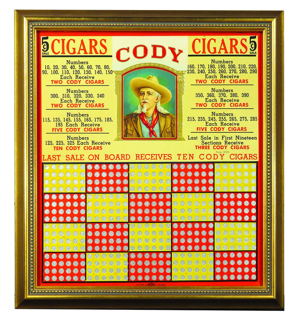 Cody Cigars Antique Unused Punch Board: Cody Cigars Antique Unused Punch Board. Mint condition. Framed under glass. 12 1/4 X 13 inches overall.