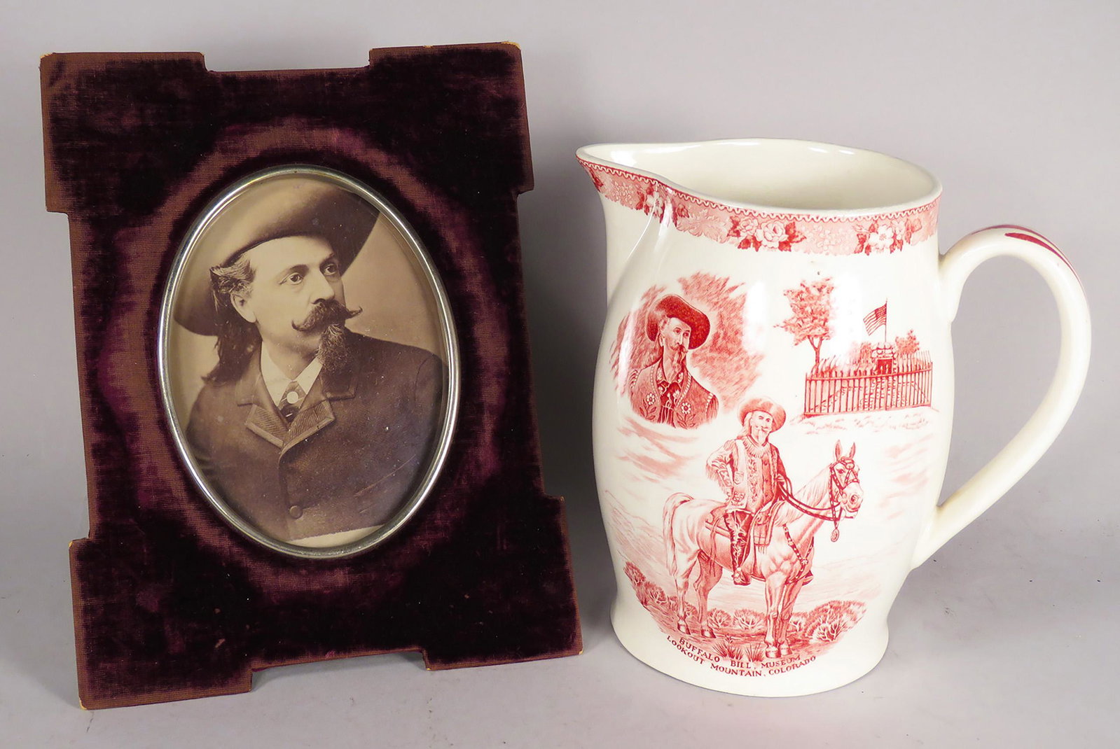 Two Vintage Buffalo Bill Items: Two Vintage Buffalo Bill Items. Old English Staffordshire Ware Souvenir Pitcher from Lookout Mountain, Colorado. No chips or cracks, 6 3/4 inches tall. Photograph in velvet covered easel back frame, 6