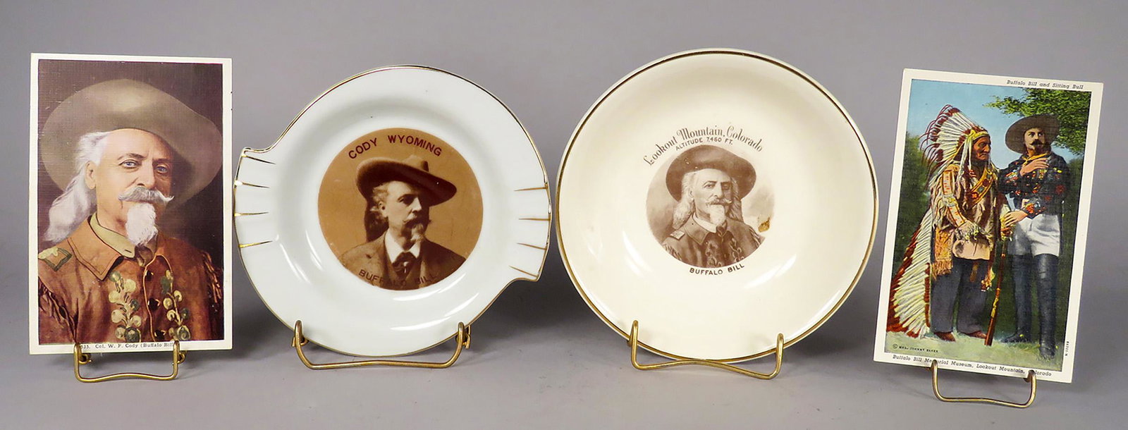 Four Vintage Buffalo Bill Souvenir Items: Four Vintage Buffalo Bill Souvenir Items. Post cards Buffalo Bill and Buffalo Bill & Sitting Bull. Porcelain ashtray and Lookout Mountain Colorado bowl. No chips or cracks. Bowl measures 6 inch diamet