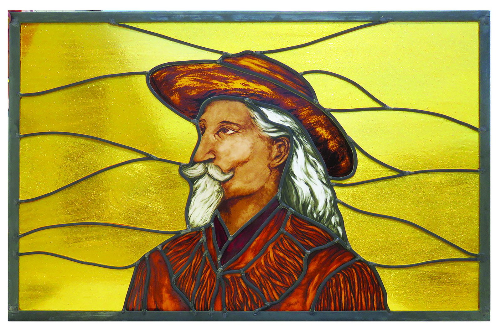 Buffalo Bill Leaded Glass Window: Contemporary Leaded Glass Window of Buffalo Bill. No chips or cracks. Measures 33 1/2 X 21 1/2 inches each.