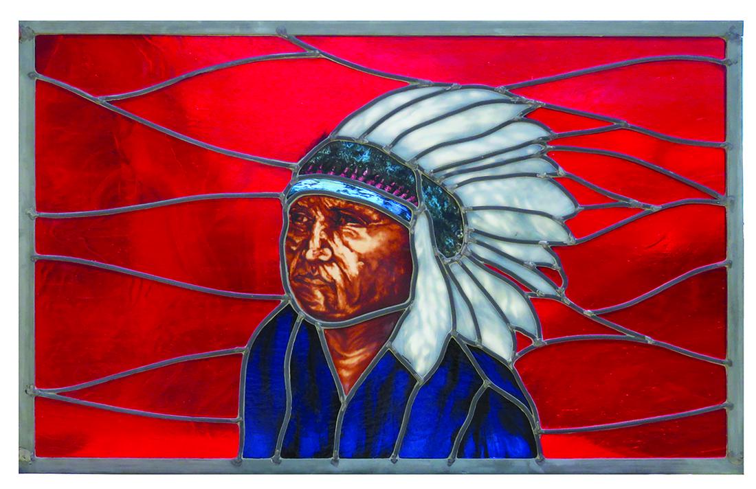 Indian Chief Leaded Glass Window: Contemporary Leaded Glass Window of Native American Indian Chief. No chips or cracks. Measures 33 1/2 X 21 1/2 inches each.