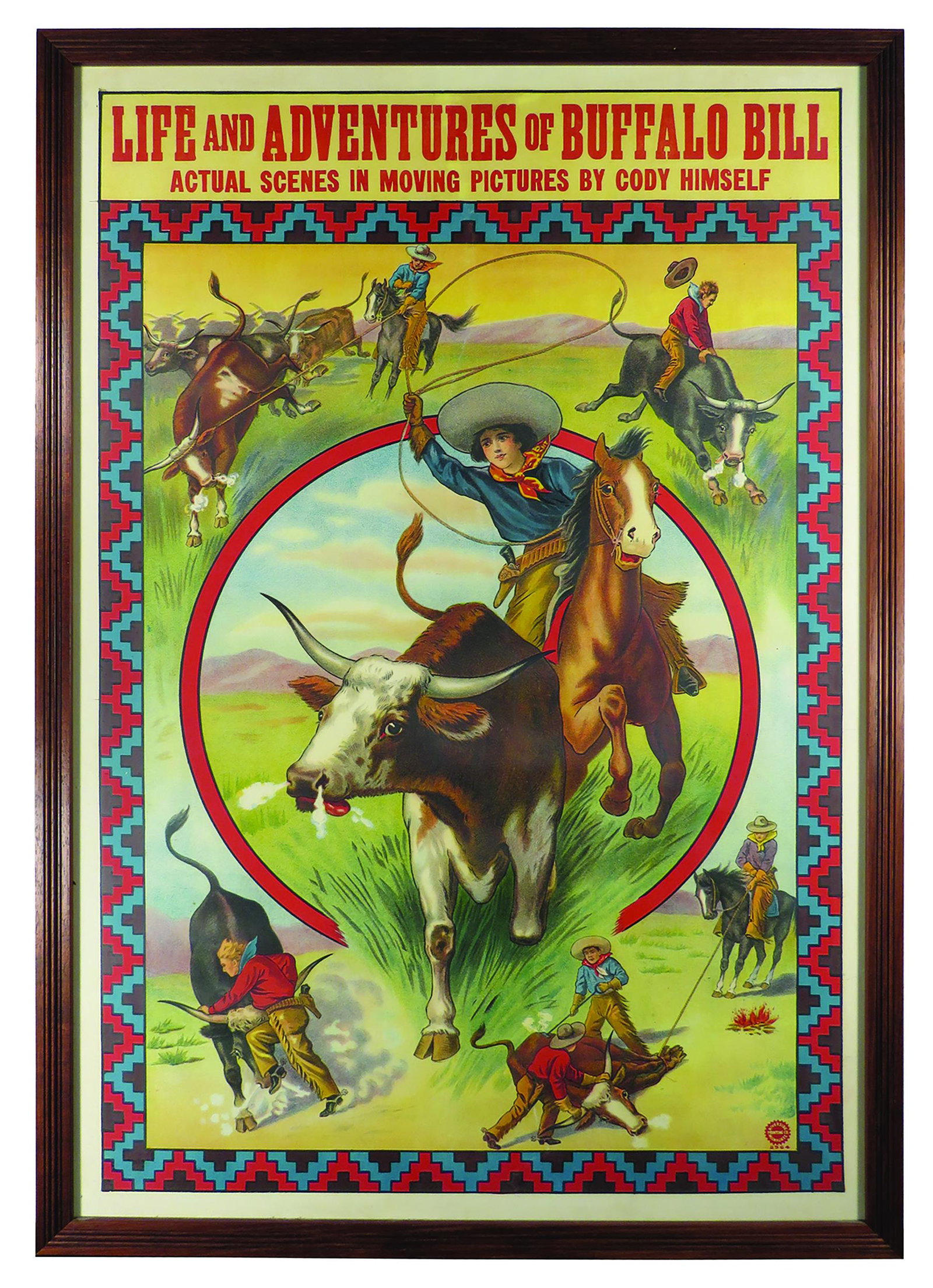 Life and Adventures of Buffalo Bill Movie Poster: Life and Adventures of Buffalo Bill, Movie Poster. Depicting "Actual Scenes in Moving Pictures by Cody Himself" around perimeter with roping Cowgirl in center. No. 2564 by Riverside Printing Co. Milwa