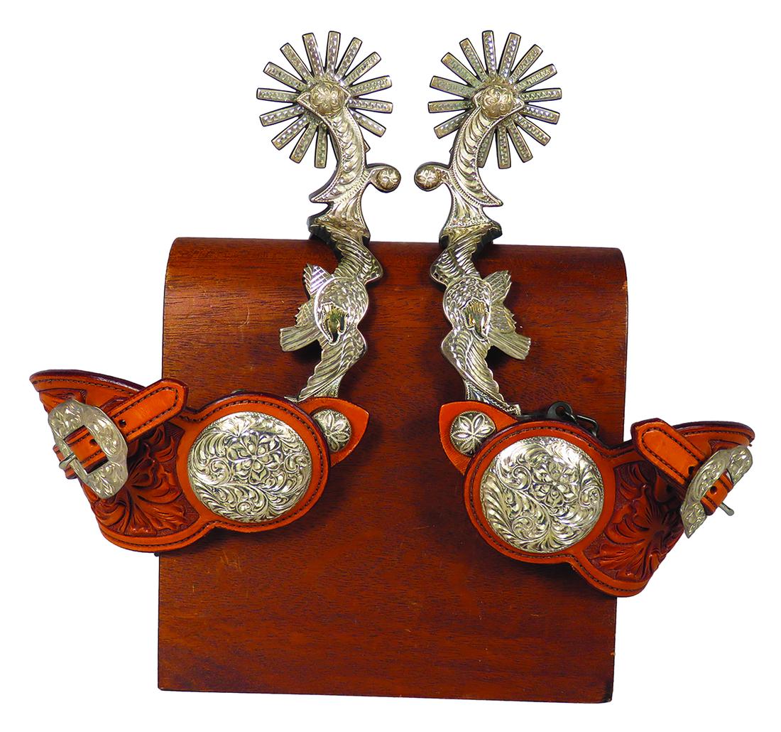 Pair of Steve Schmitt Engraved Silver Spurs: Pair of Steve Schmitt Engraved Silver Spurs with tooled leathers made by Barkley, Patagonia, AZ.