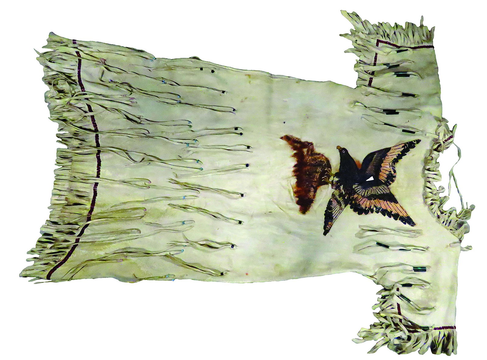 Native American Hand Painted Hide Dress: Native American War, Hand Painted Hide Dress, ca. late 40's. Child's dress made of animal hide with fringe detail. Painted with buffalo and eagle and adorned with quill and glass beads. 31 1/2 inches 