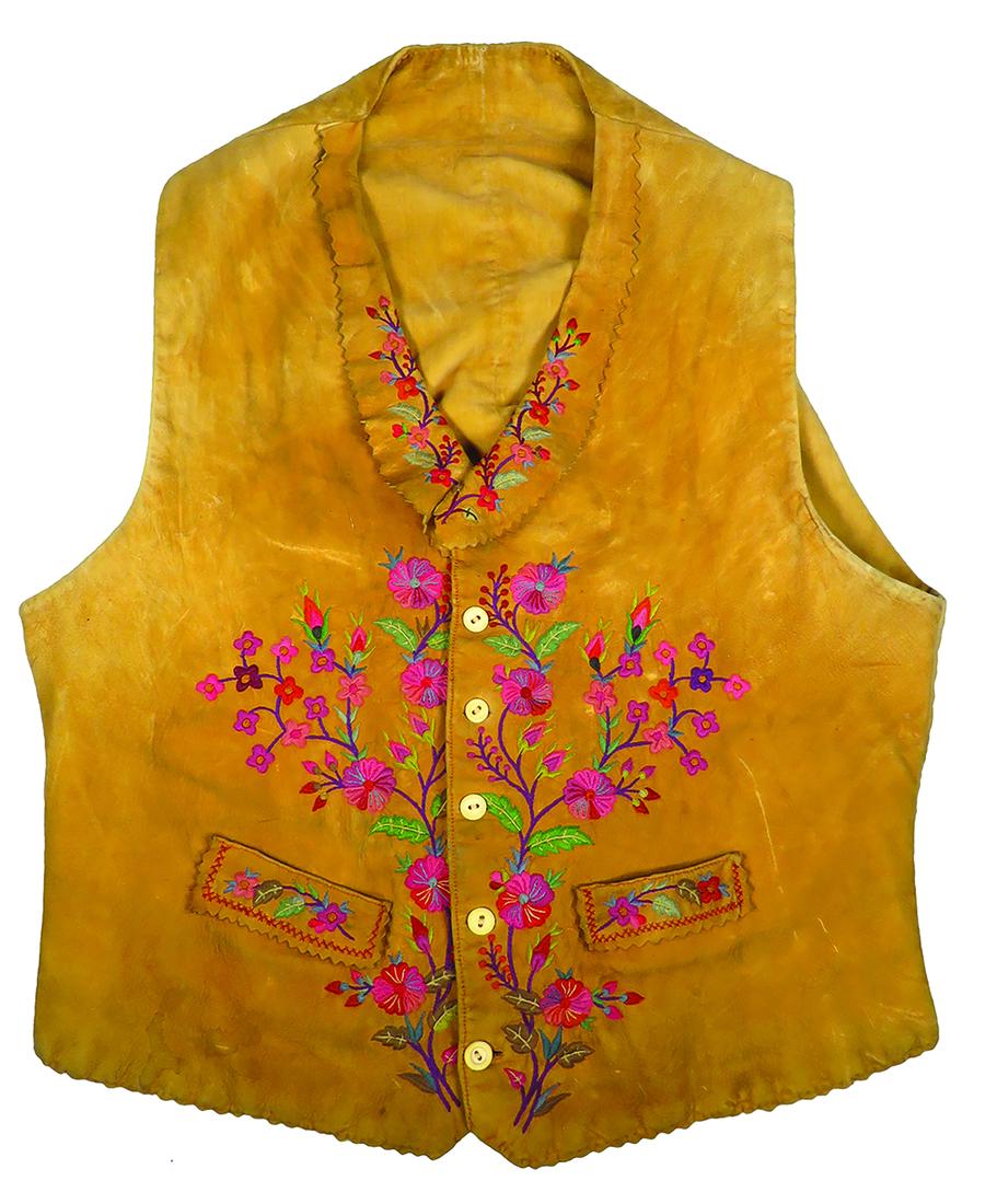 Vintage Hand Embroidered Buckskin Vest: Vintage, Hand Embroidered, Buckskin Vest with bone buttons. Very good original condition. 21 inches from bottom of arm pit across, 23 inches length.