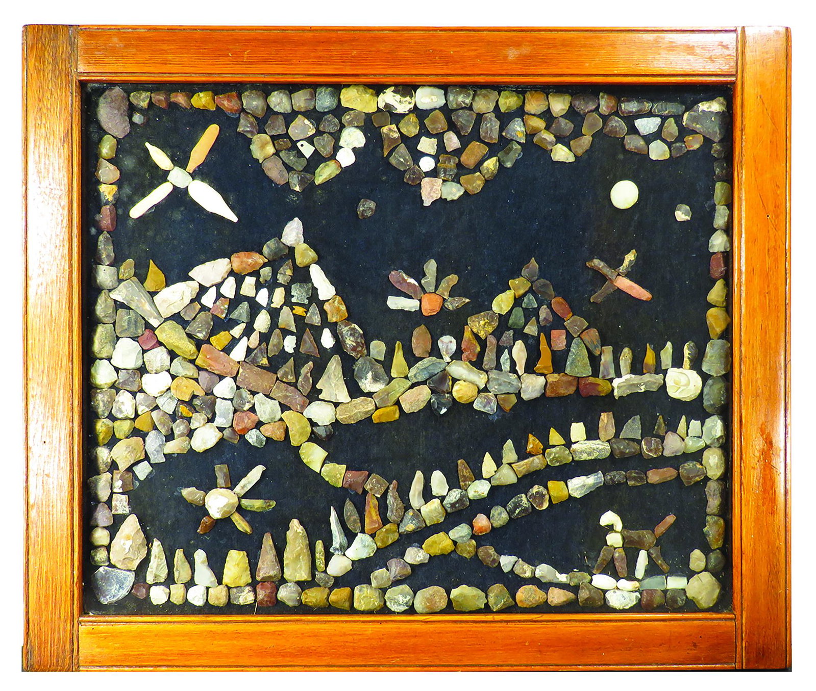 Pictorial Image Made with Arrowheads and Scrapers: Pictorial Image Made with Arrowheads and Scrapers. Original Native American Indian pieces made from Arrowheads and Scrapers found in Broken Kettle Site, South Dakota. Assembled in shadow box frame. 27