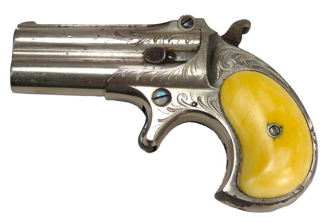 Antique E. Remington & Son's Elliot's Derringer: Antique E. Remington & Son's Elliot's 41 RF Derringer. Model 95 Over-Under, Double Barreled Derringer, single action. Engraved nickel finish with bone handle. Produced between 1880-88.