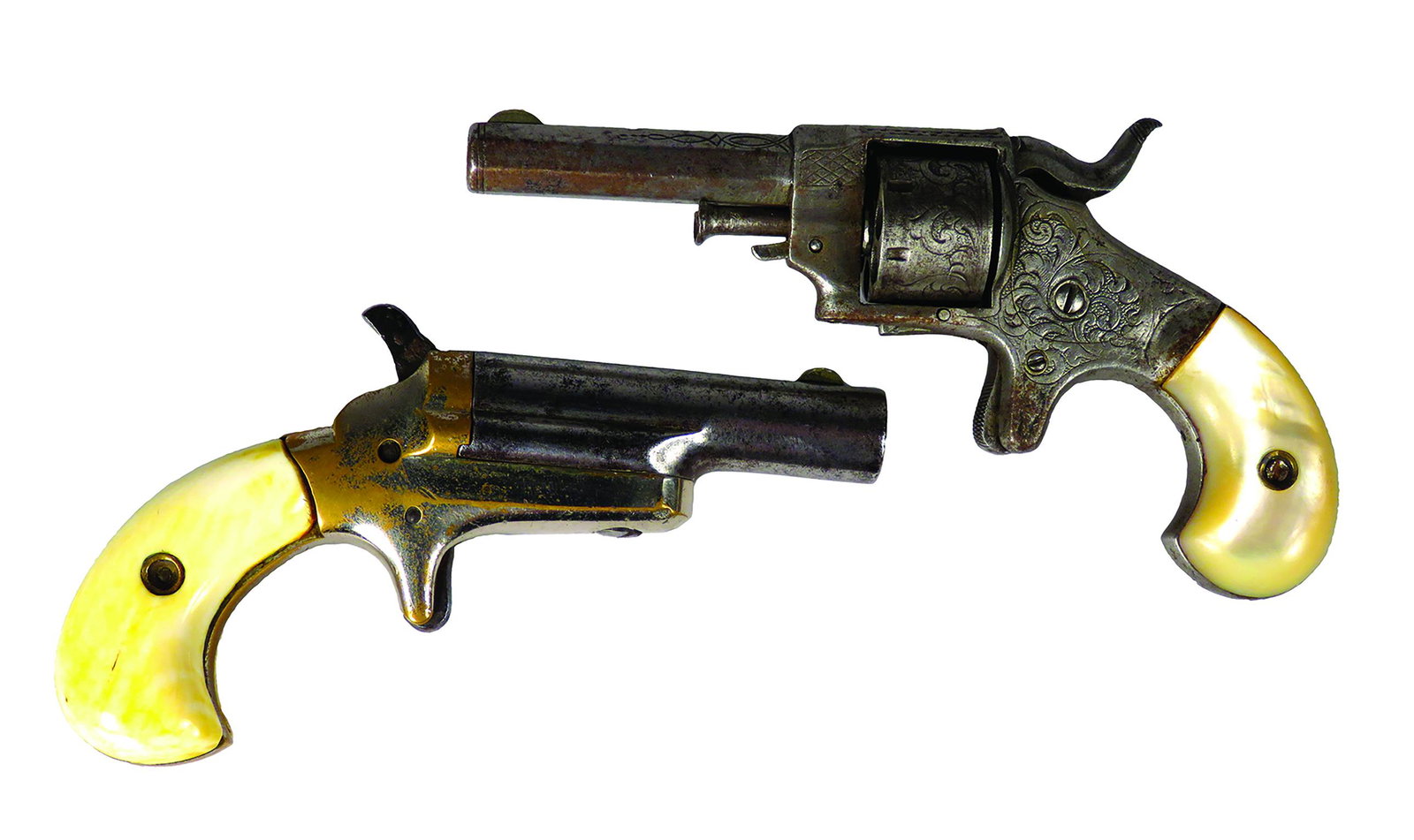 Two Antique Ladies Pistols: Two Antique Ladies Pistols. Colt with bone handle. Eight shooter, engraved with mother of pearl handle.