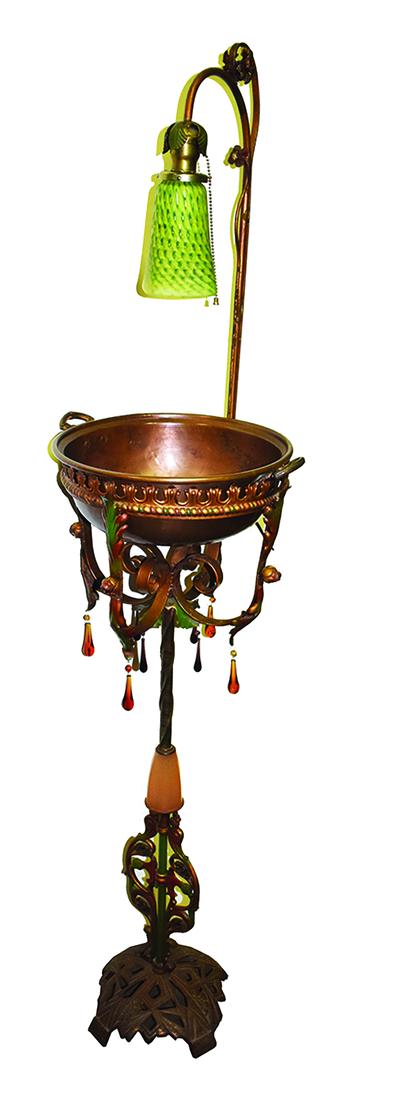 Antique Art Nouveau Lamp: Antique Art Nouveau Lamp. Enameled brass with glass crystals and art glass shade. Good working condition. 61 inches tall.