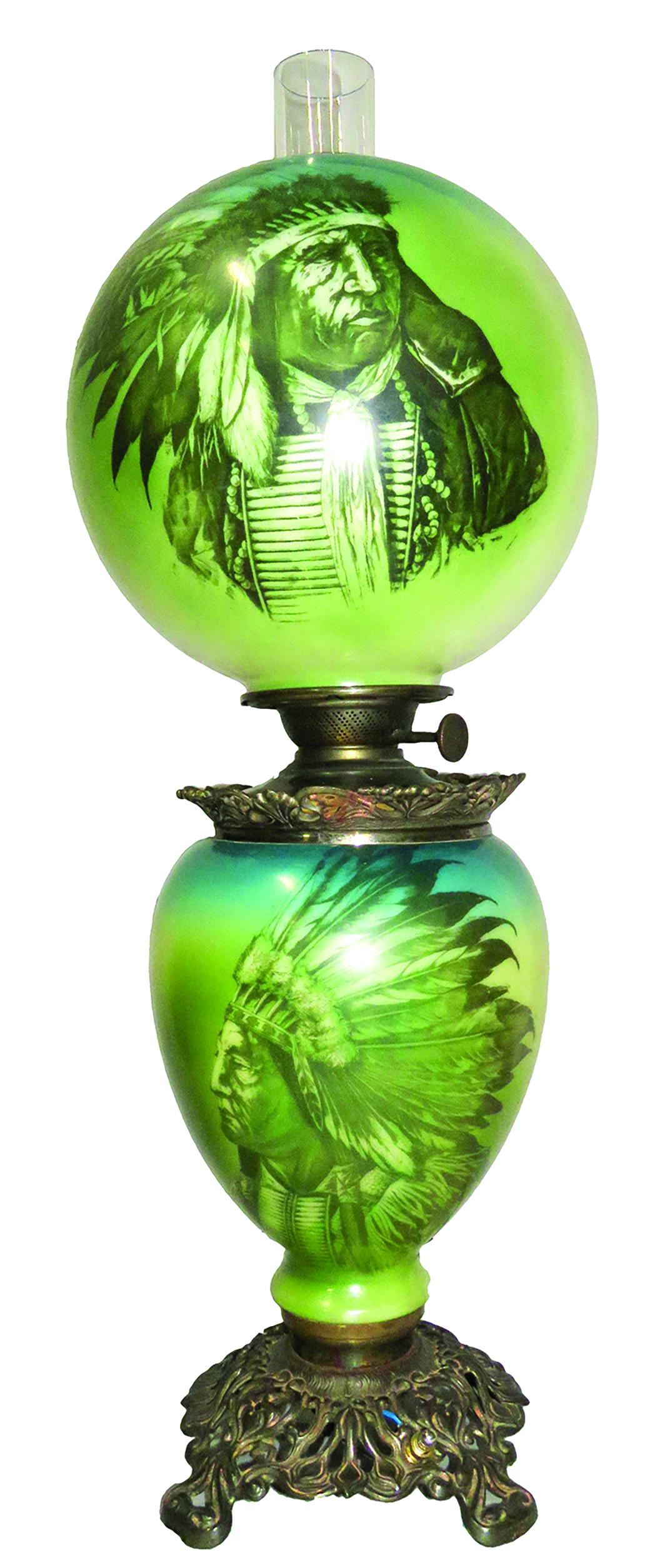Rare Antique Victorian Gone with the Wind Lamp: Rare Antique, Victorian Gone with the Wind Lamp. Hand painted matching top and base with Native American Indian Image. Native American Indian Chief on both globe. Teal and green ombre effect. Electrif