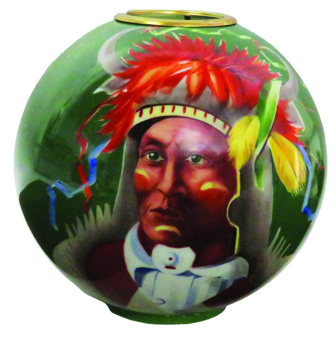 Antique Hand Painted Gone with the wind Globe: Antique Hand Painted Gone with the wind Lamp Globe, Green depicting Indian Chief. Brass Collar. Excellent Condition. 4 inch base.