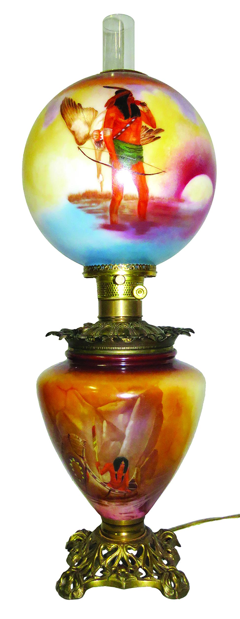 Rare Antique Victorian Gone with the Wind Lamp: Rare, Antique Victorian Gone with the Wind Lamp. Hand painted matching top and base with Native American Indian Image. Native American Indian holding goose with bow and arrow on top globe. Native Amer