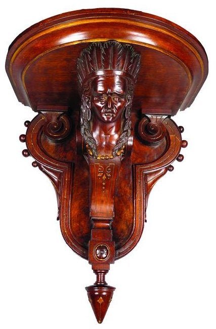 Antique Eastlake Carved Native American Indian Shelf: Antique Eastlake Carved Mahogany Native American Indian Motif Shelf. Excellent condition. 17 X 21 X 13 inches.